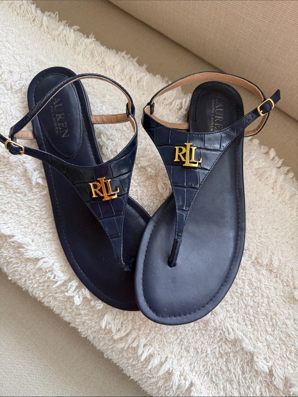 Ralph Lauren navy Leather Thong Sandals with Gold RL Emblem